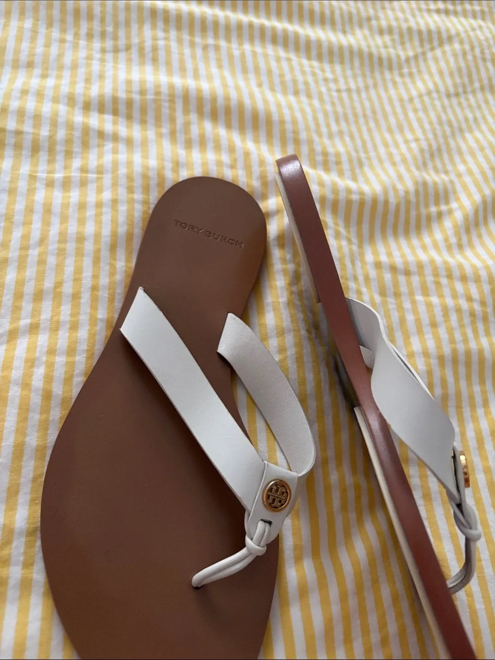 Tory Burch White Leather Thong Sandals with Gold Logo